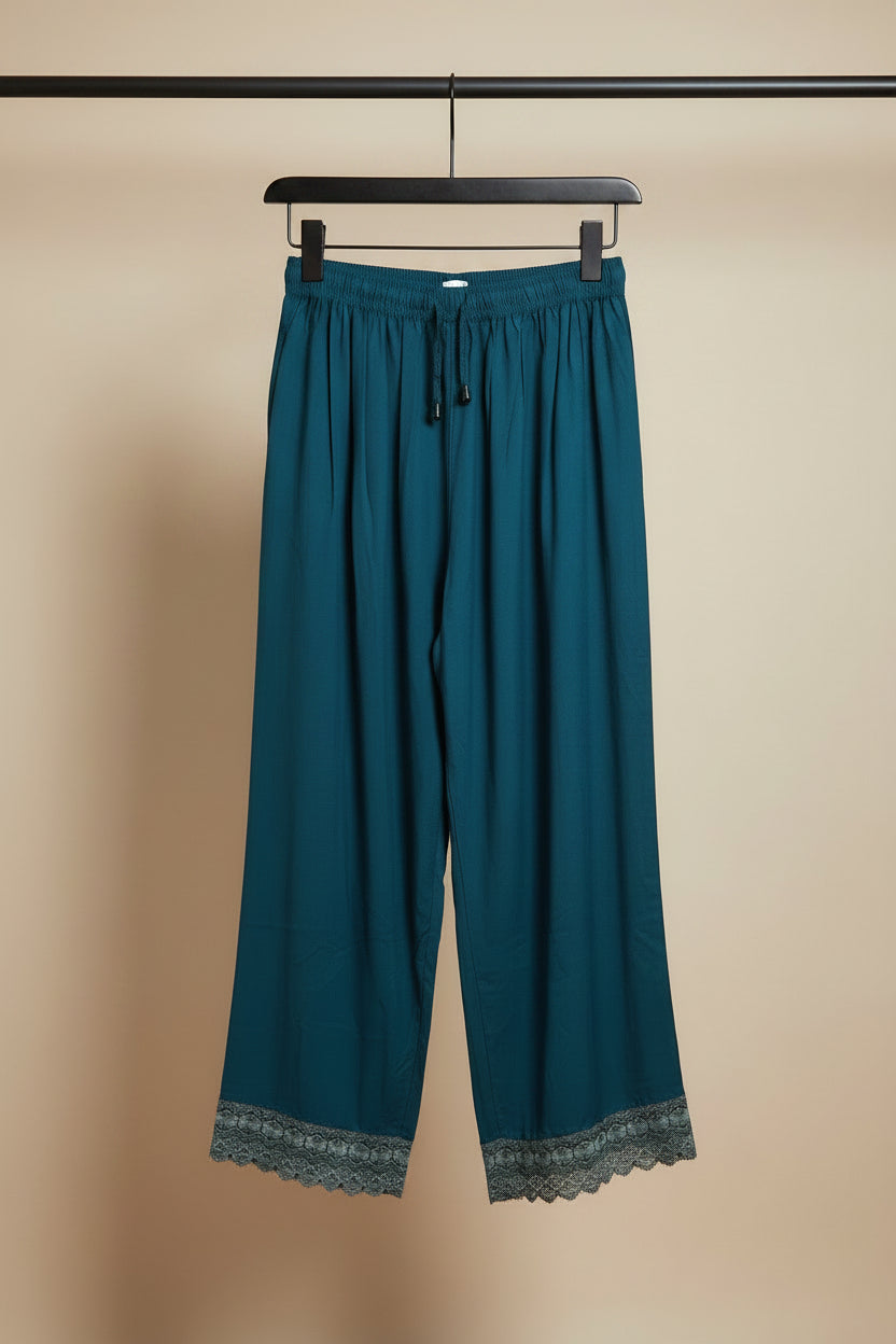 Women's Teal Green Palazzo Pants with Lace Hem