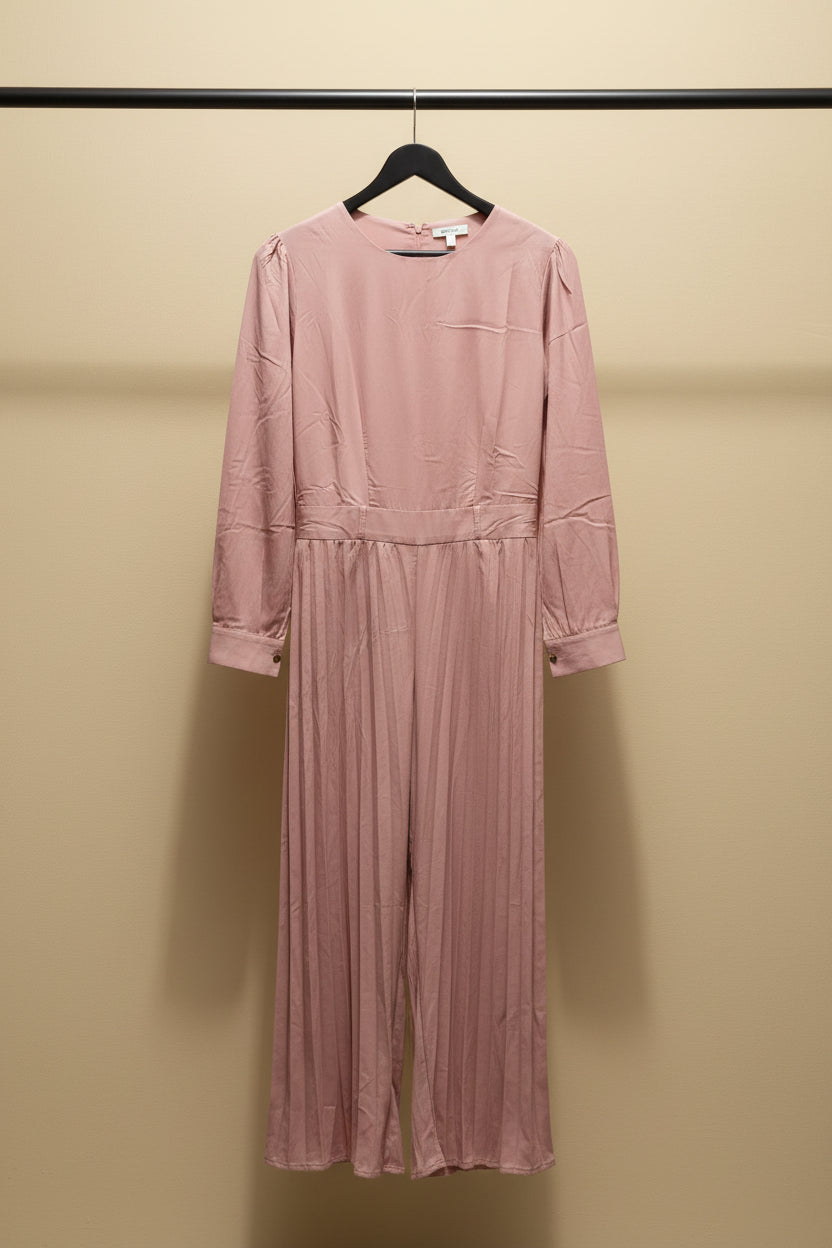 Women's Pink Long Sleeve Pleated Wide-Leg Jumpsuit