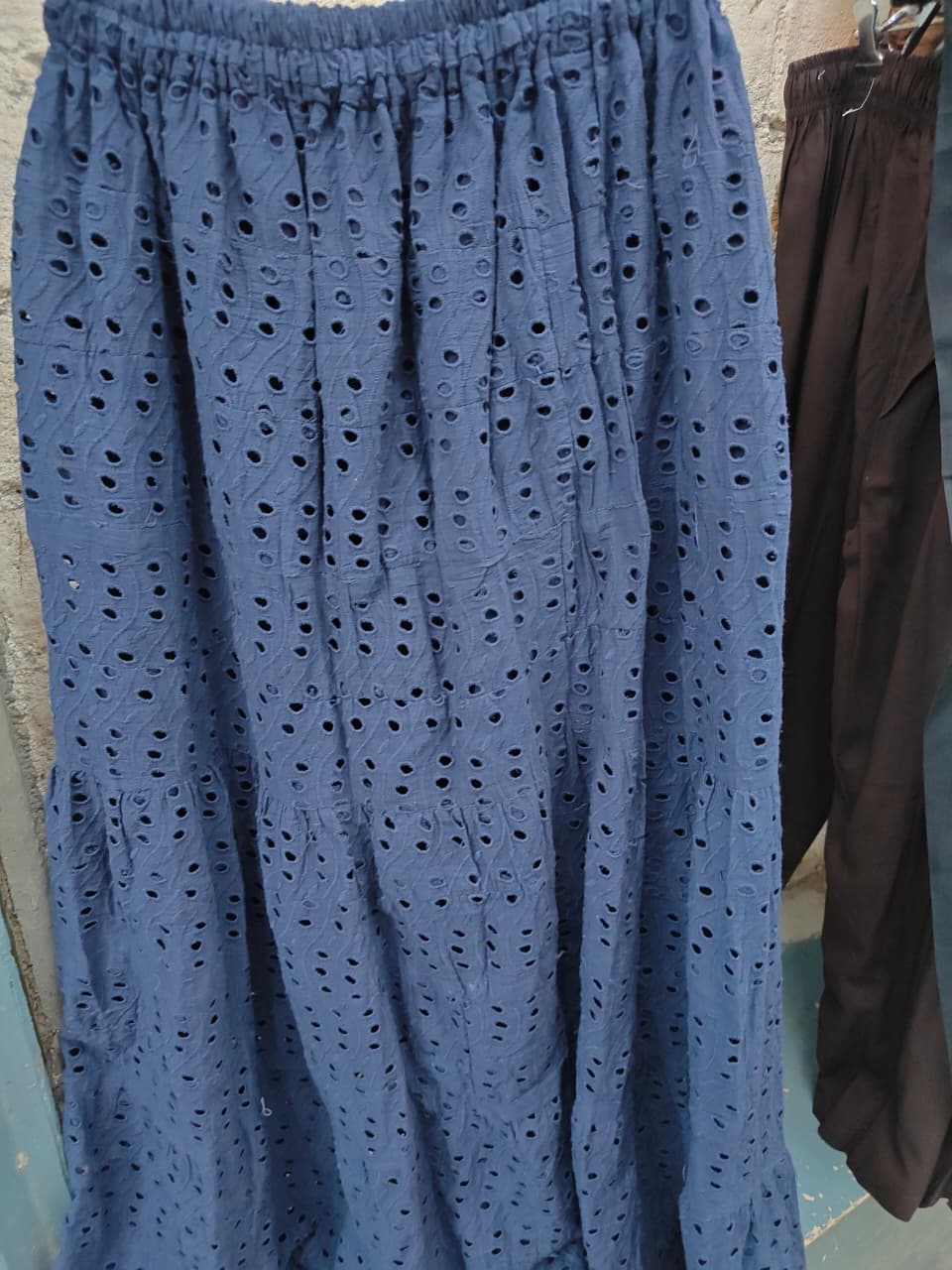 Women's Navy Blue Eyelet Embroidered Tiered Maxi Skirt