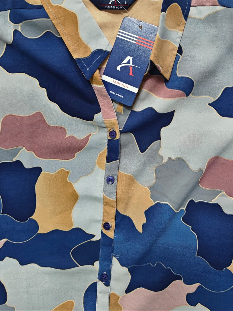 Women's Abstract Camouflage Print Collared Shirt with 3/4 Sleeves