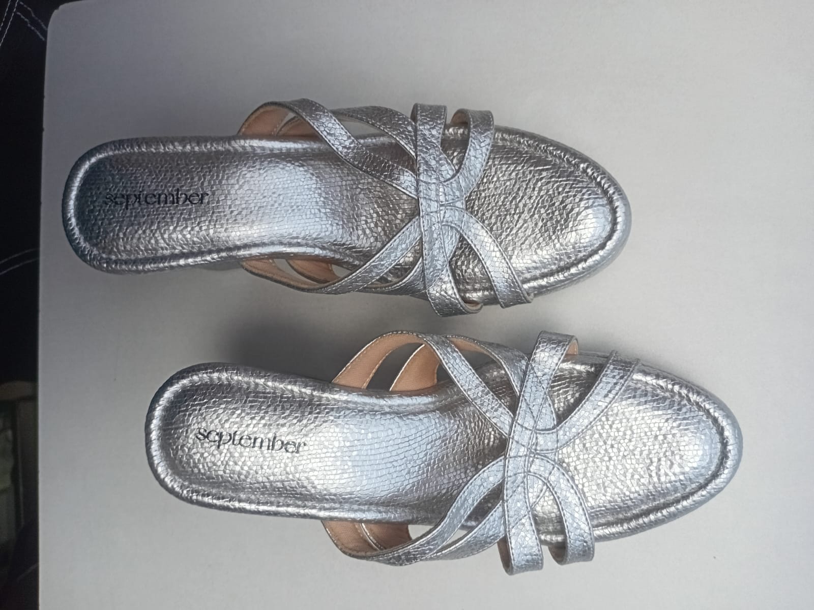 September Women's Silver Textured Block Heel Sandals