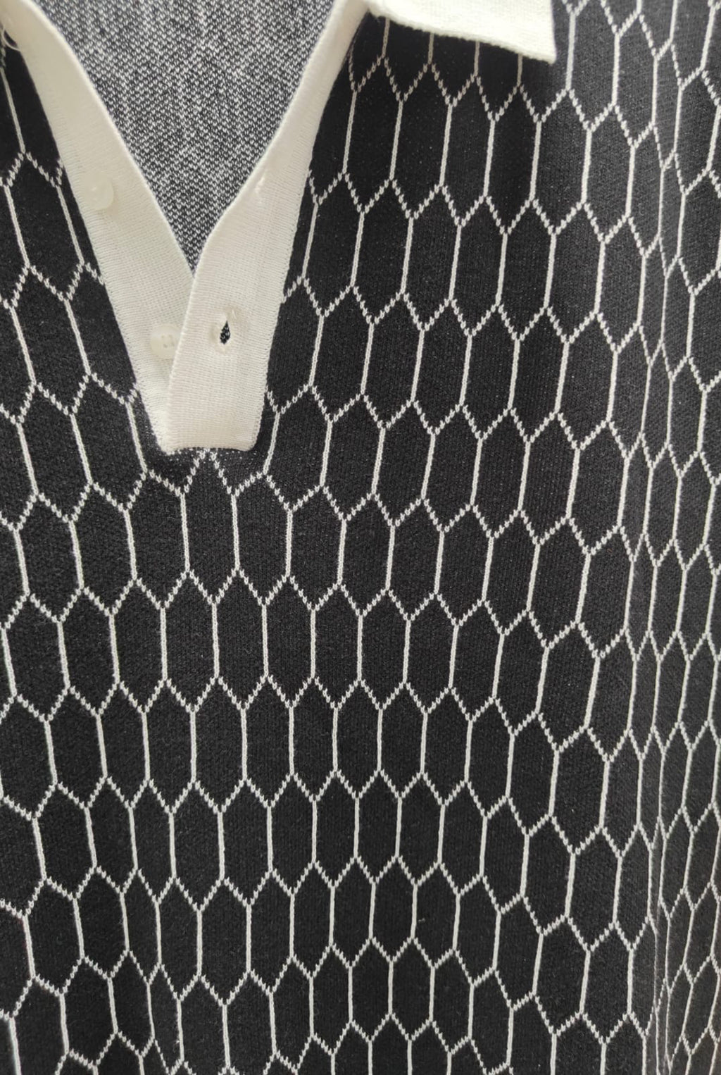 ZARA Men's Black & White Hexagon Patterned Polo Shirt