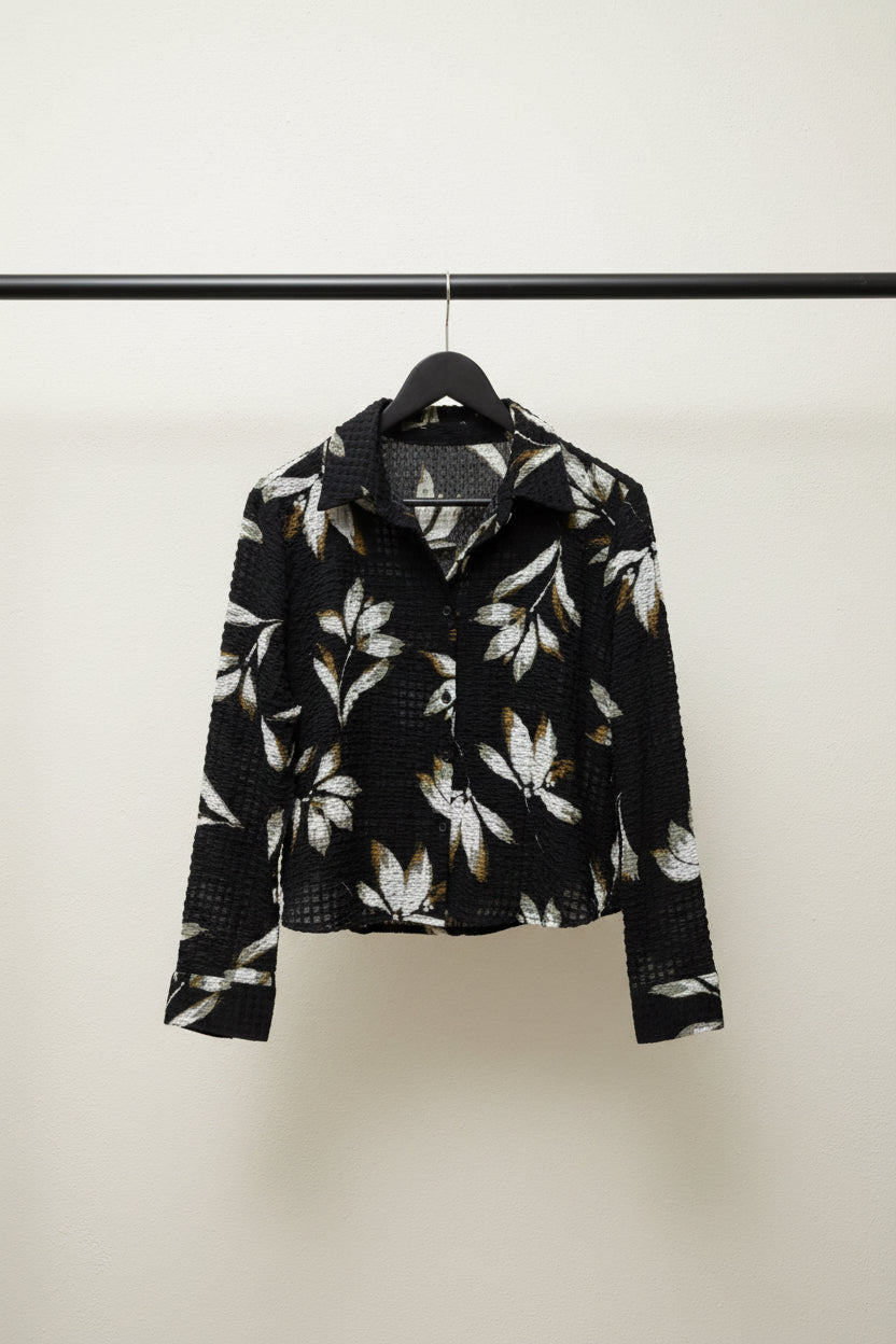 Women's Black Leaf Print Textured Collared Long Sleeve Shirt