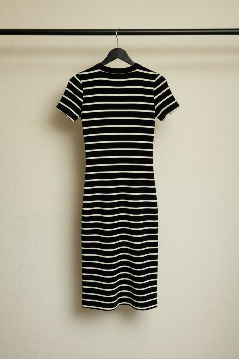 LCW VISION Women's Black & White Striped Ribbed Bodycon Midi Dress