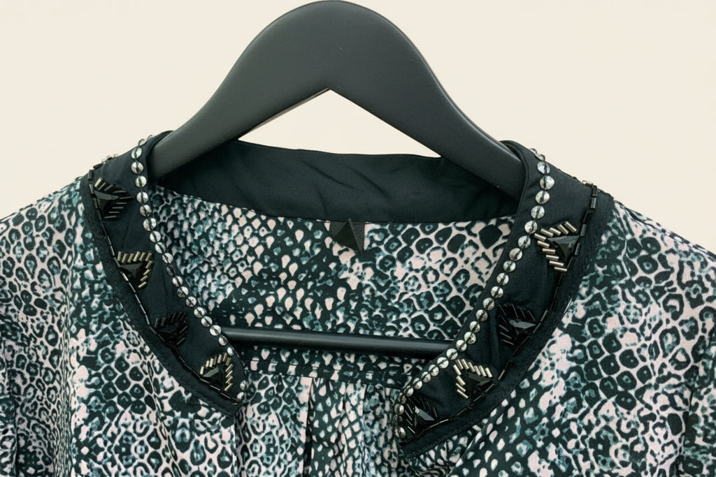 Women's Snake Print Beaded Collar 3/4 Sleeve Blouse
