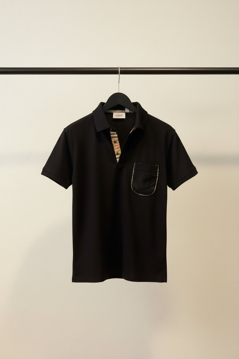 Burberry Men's Black Waffle Knit Polo Shirt with Nova Check Trim