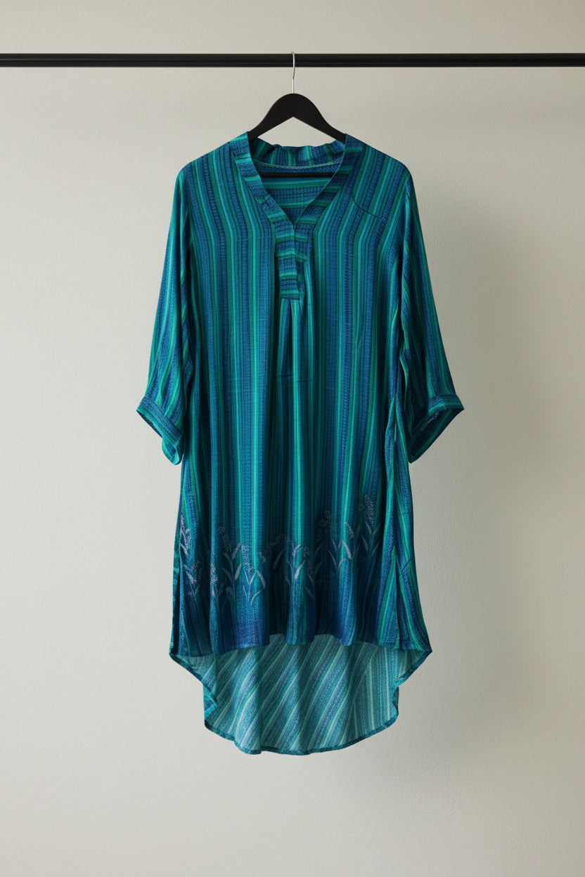 Women's Blue Green Striped Tunic with Embroidery