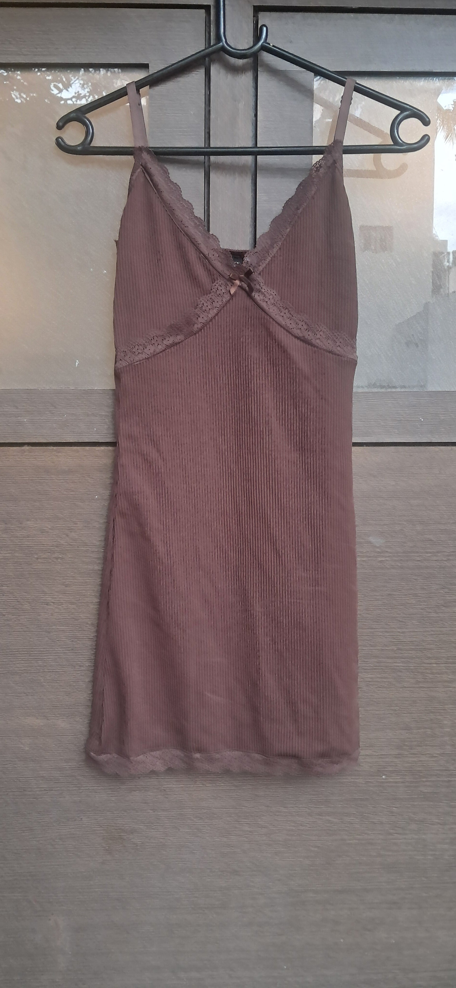 Brown Ribbed Lace Trim Camisole Slip Dress