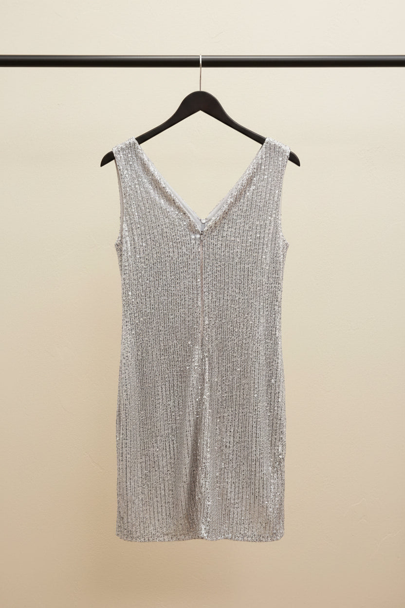DHRUVI COLLECTION Women's Silver Sequin V-Neck Sleeveless Mini Dress