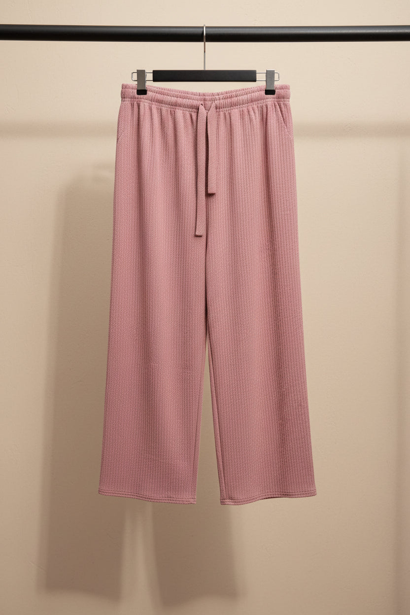 Women's Pink Ribbed Wide Leg Palazzo Trousers with Drawstring Waist