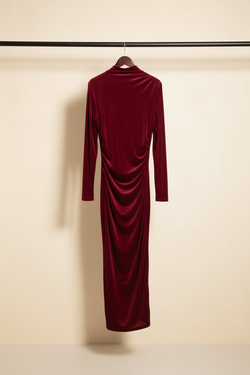 Red Velvet Ruched High-Neck Midi Dress