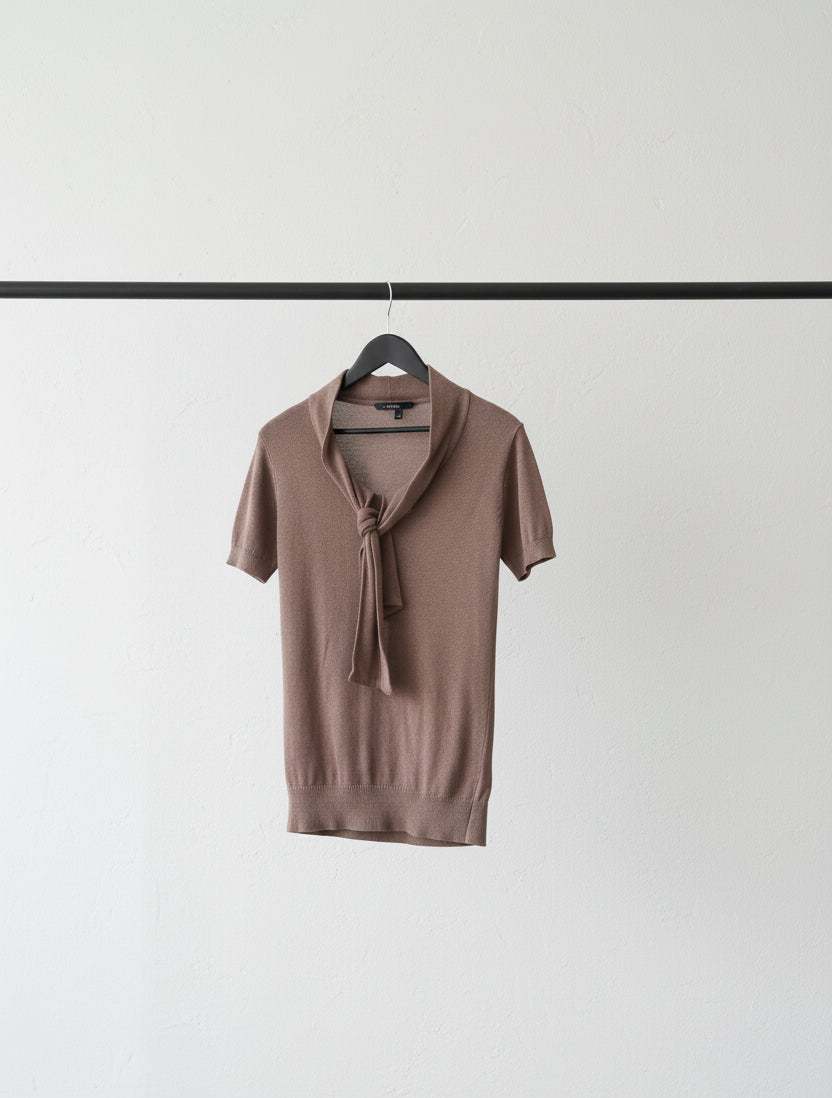Wardrobe Brown Knitted Tie-Neck Short Sleeve Top