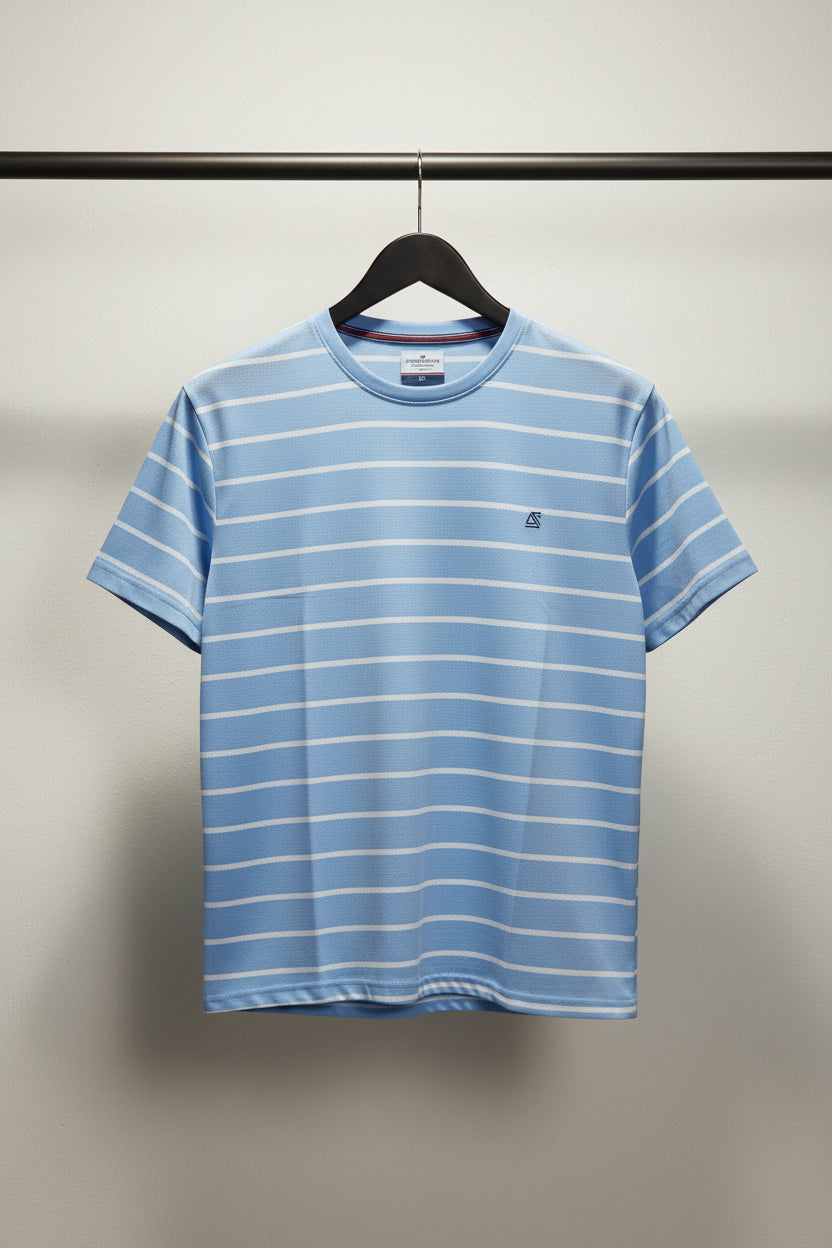 Men's American Fit Light Blue & White Striped Round Neck T-Shirt