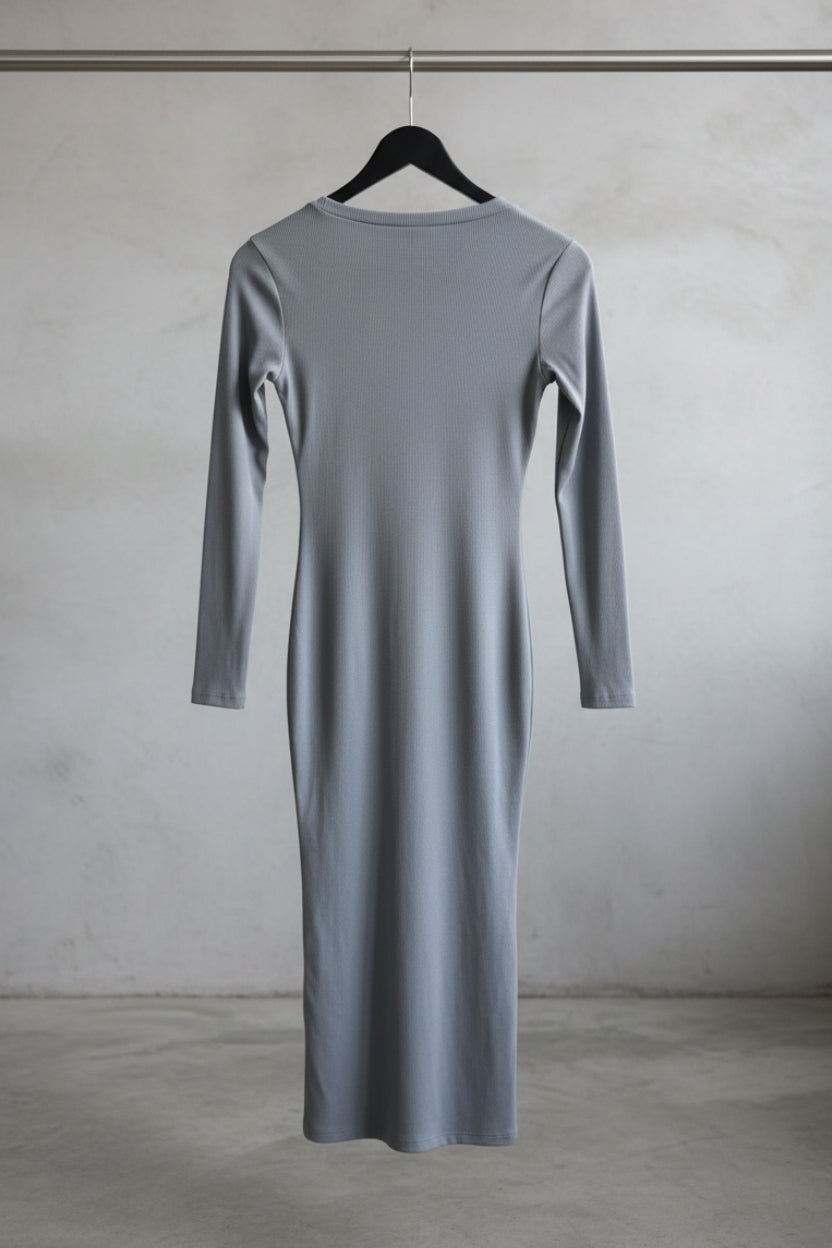 ATTIRHUB Women's Grey Ribbed Long Sleeve Bodycon Long Dress