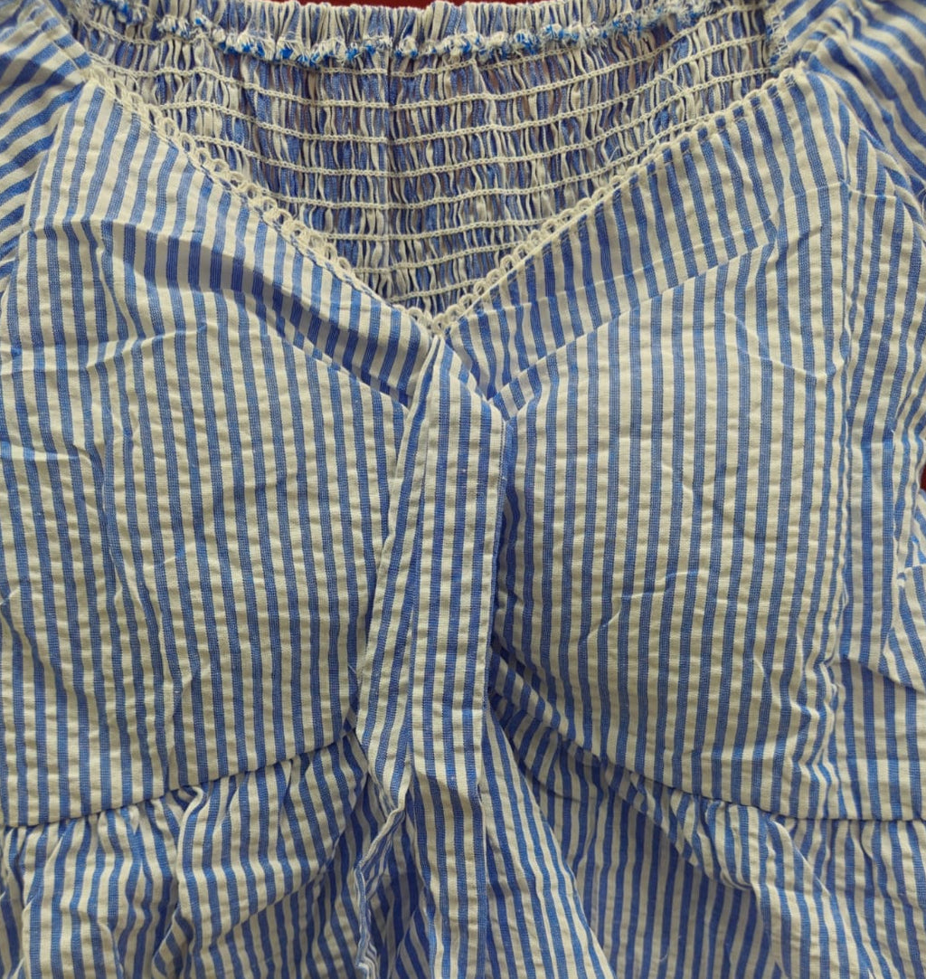 Blue and White Striped Off-Shoulder Smocked Peplum Top