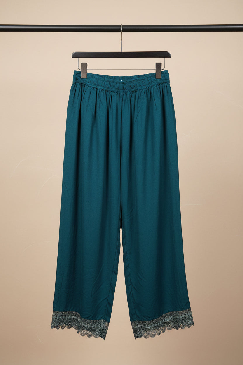 Women's Teal Green Palazzo Pants with Lace Hem