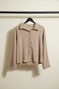 Women's Beige Crinkled Long Sleeve Collared Shirt