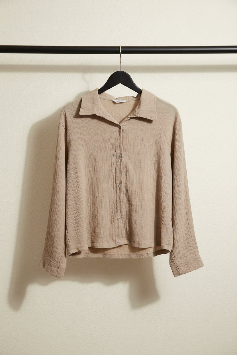 Women's Beige Crinkled Long Sleeve Collared Shirt