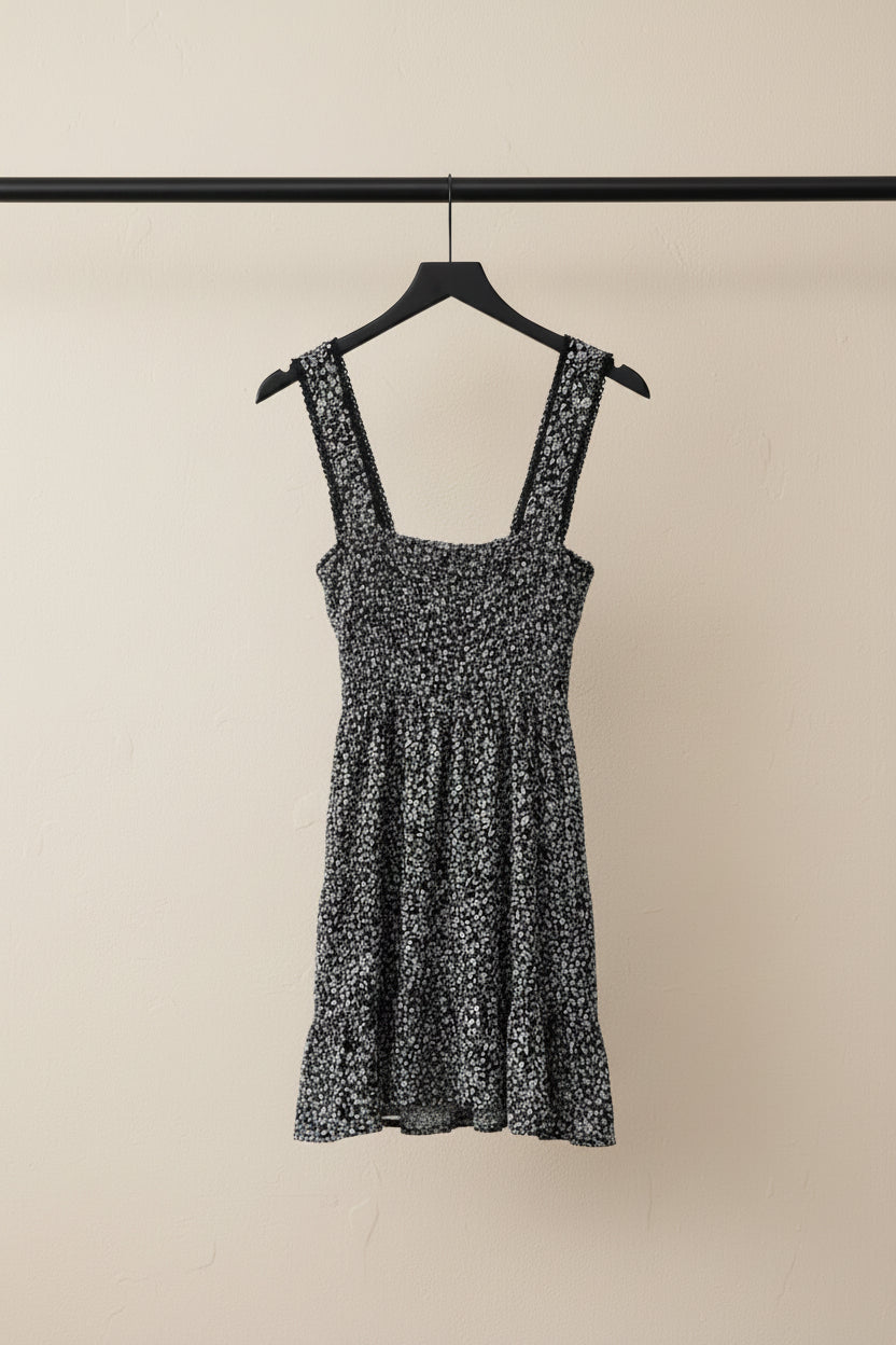 Black Floral Smocked Fit and Flare Mini Dress