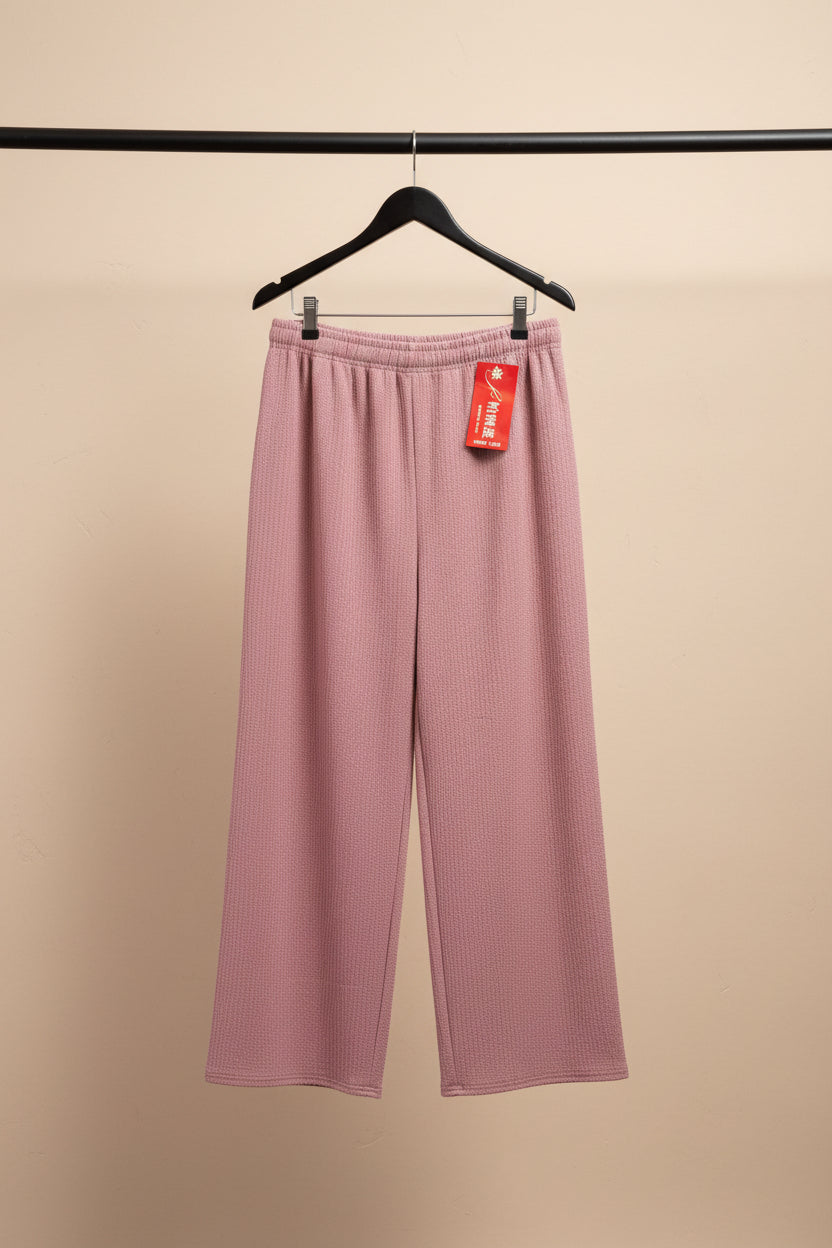 Women's Pink Ribbed Wide Leg Palazzo Trousers with Drawstring Waist