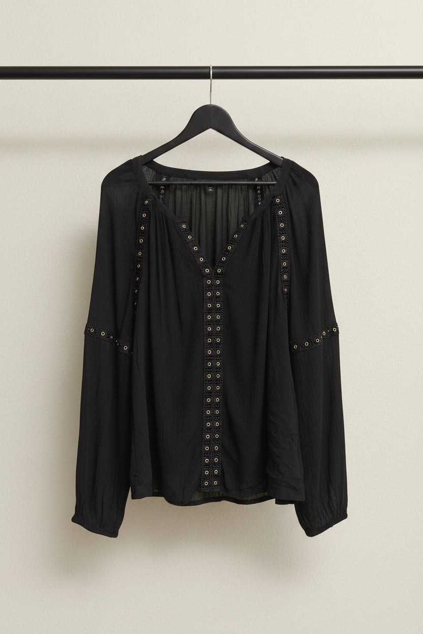 INC Black Rayon Long Sleeve Blouse with Eyelet Detail