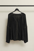 INC Black Rayon Long Sleeve Blouse with Eyelet Detail