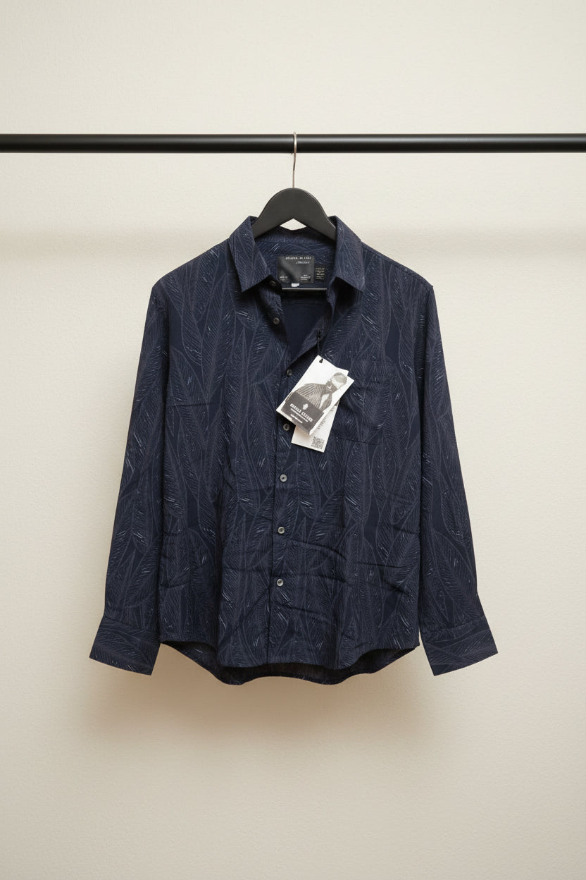 Men's Navy Blue Feather Print Cotton Casual Shirt