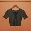 ZARA Women's Black Ribbed Lace-Up V-Neck Crop Top