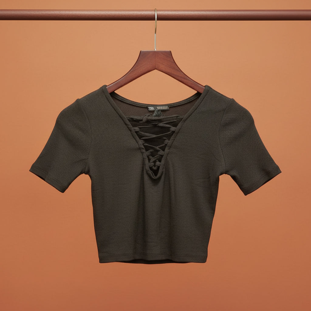 ZARA Women's Black Ribbed Lace-Up V-Neck Crop Top