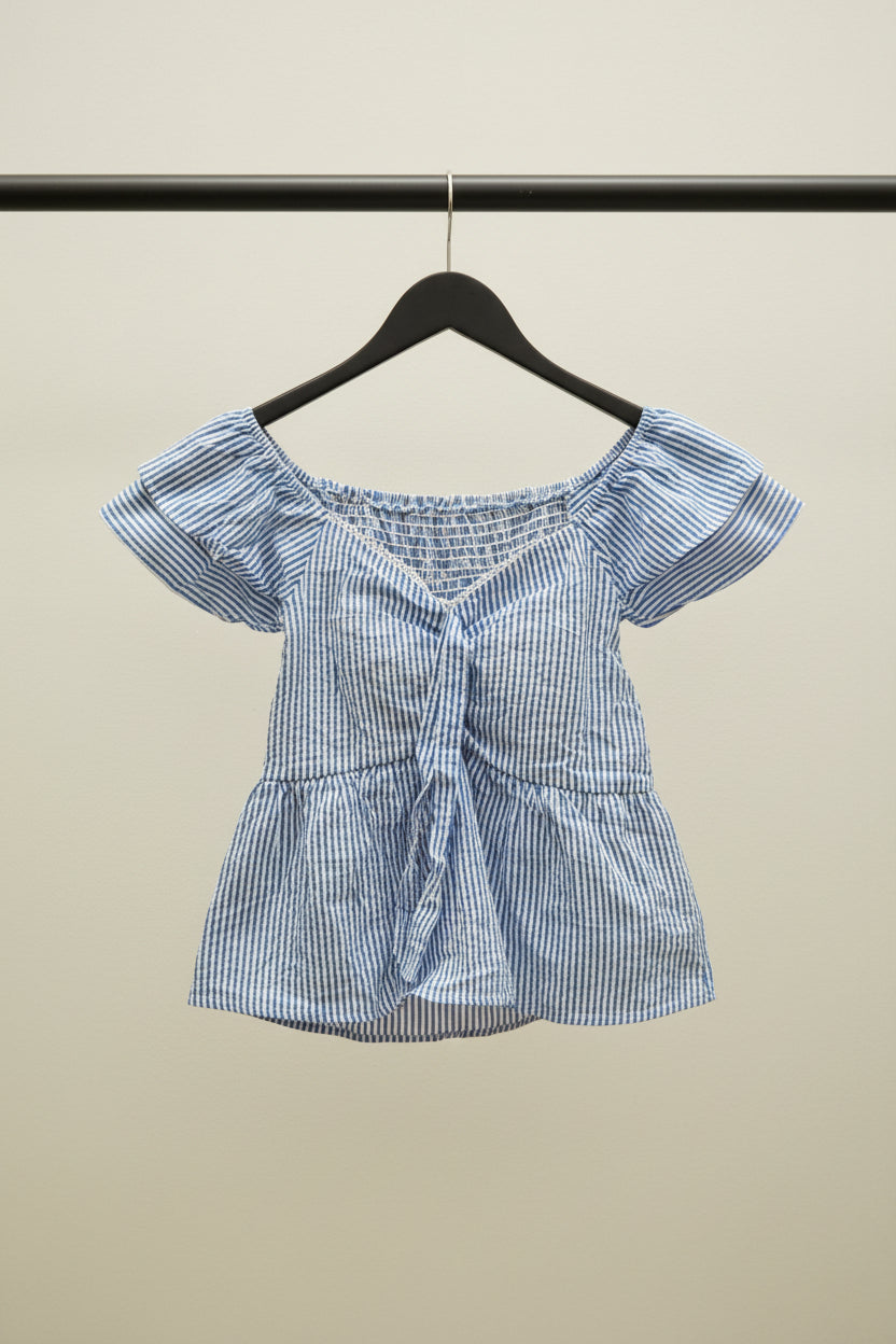 Blue and White Striped Off-Shoulder Smocked Peplum Top