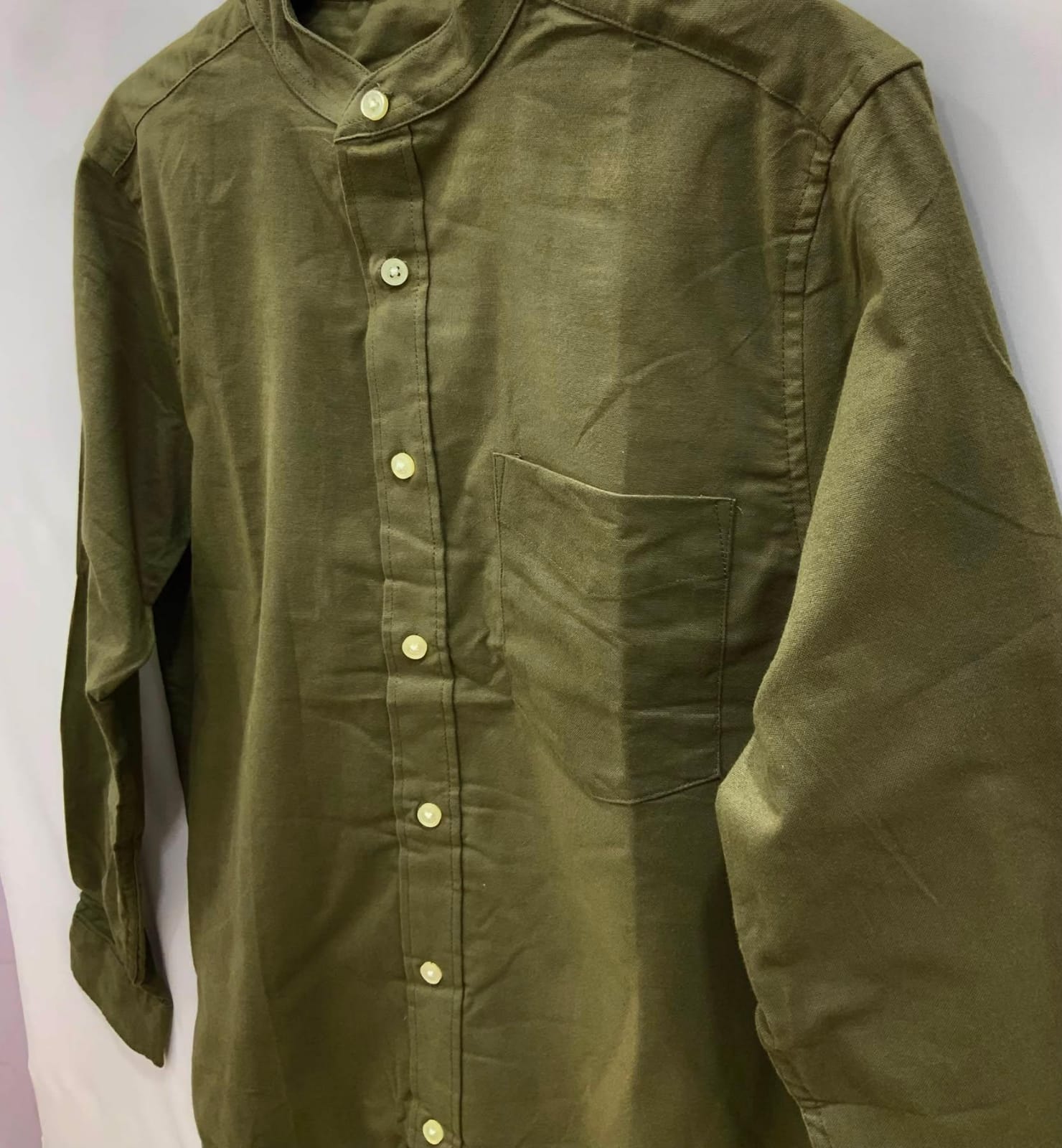 Men's Olive Green Band Collar Long Sleeve Shirt