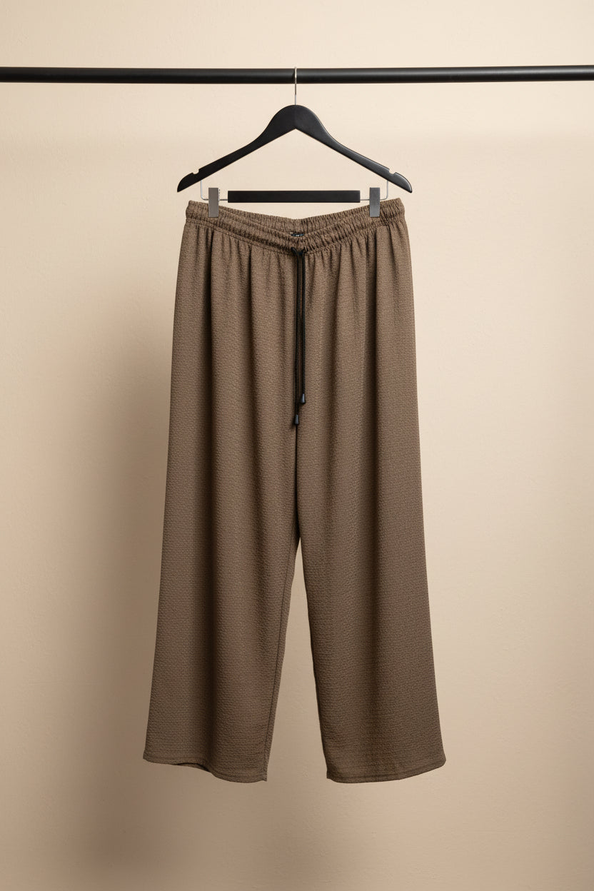 Women's Brown Textured Elastic Waist Relaxed Fit Trousers