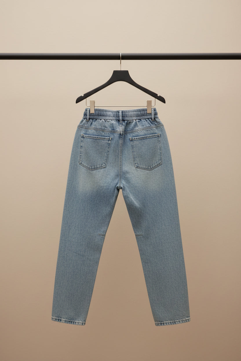 Men's Light Blue Washed Denim Jogger Pants with Elastic Waist
