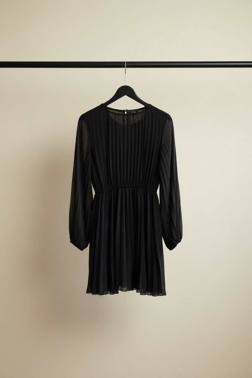 Zara Black Pleated Long Sleeve Mini Dress