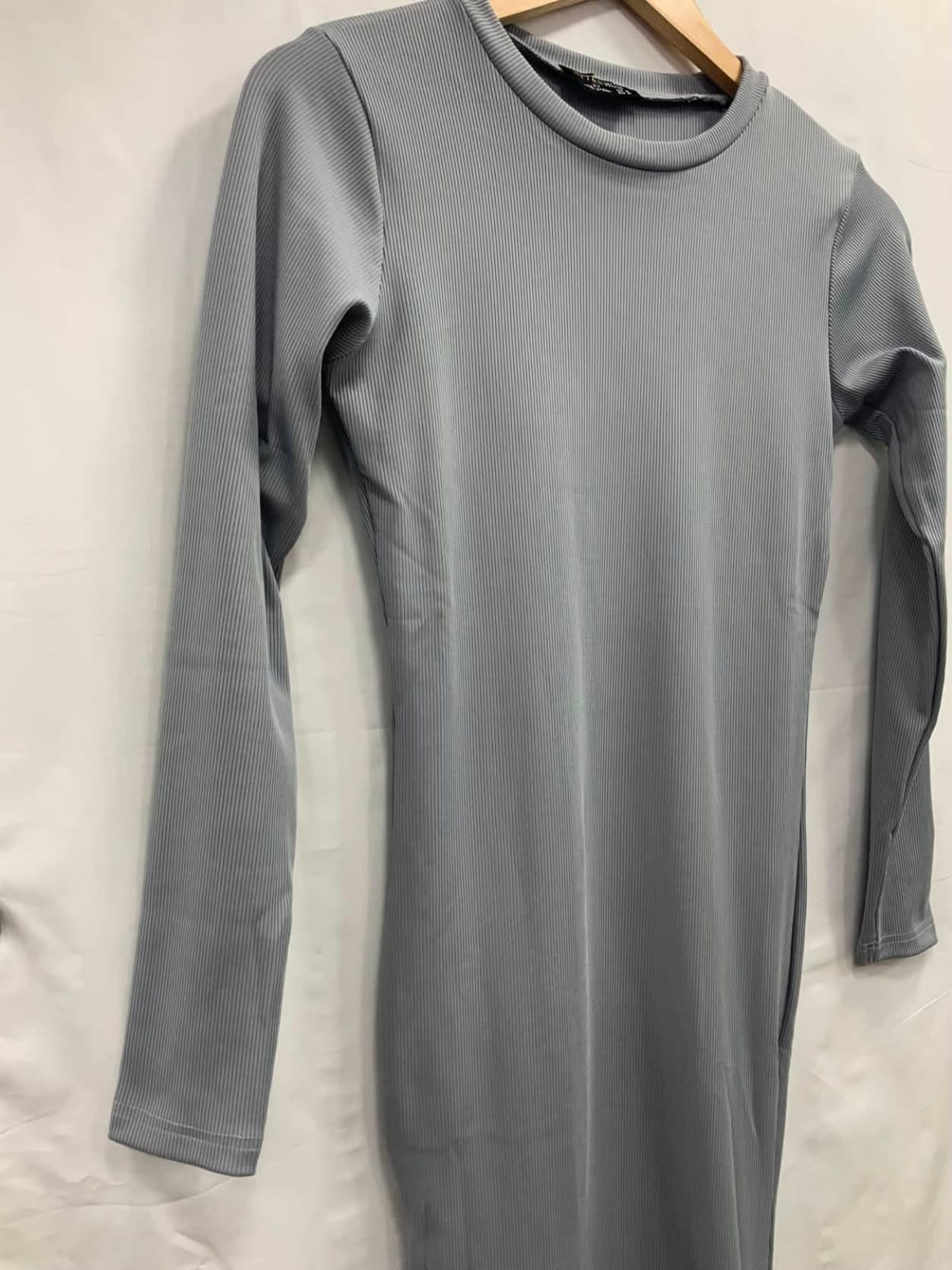 ATTIRHUB Women's Grey Ribbed Long Sleeve Bodycon Long Dress