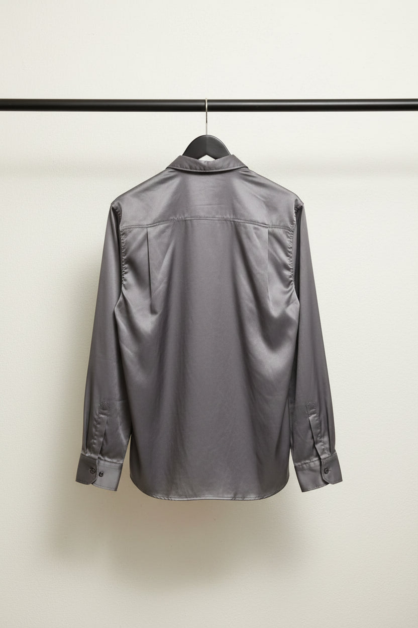 F+21 Men's Grey Satin Long Sleeve Button-Up Shirt