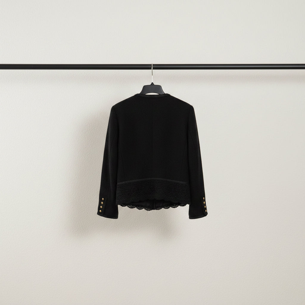 Black Tweed Jacket with Gold Buttons and Lace Trim