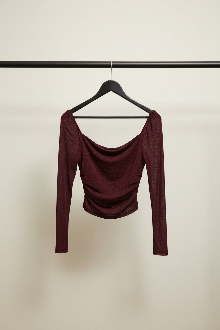 B+ VESTRY Women's Maroon Glitter Long Sleeve Ruched Top