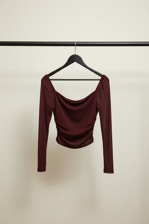 B+ VESTRY Women's Maroon Glitter Long Sleeve Ruched Top