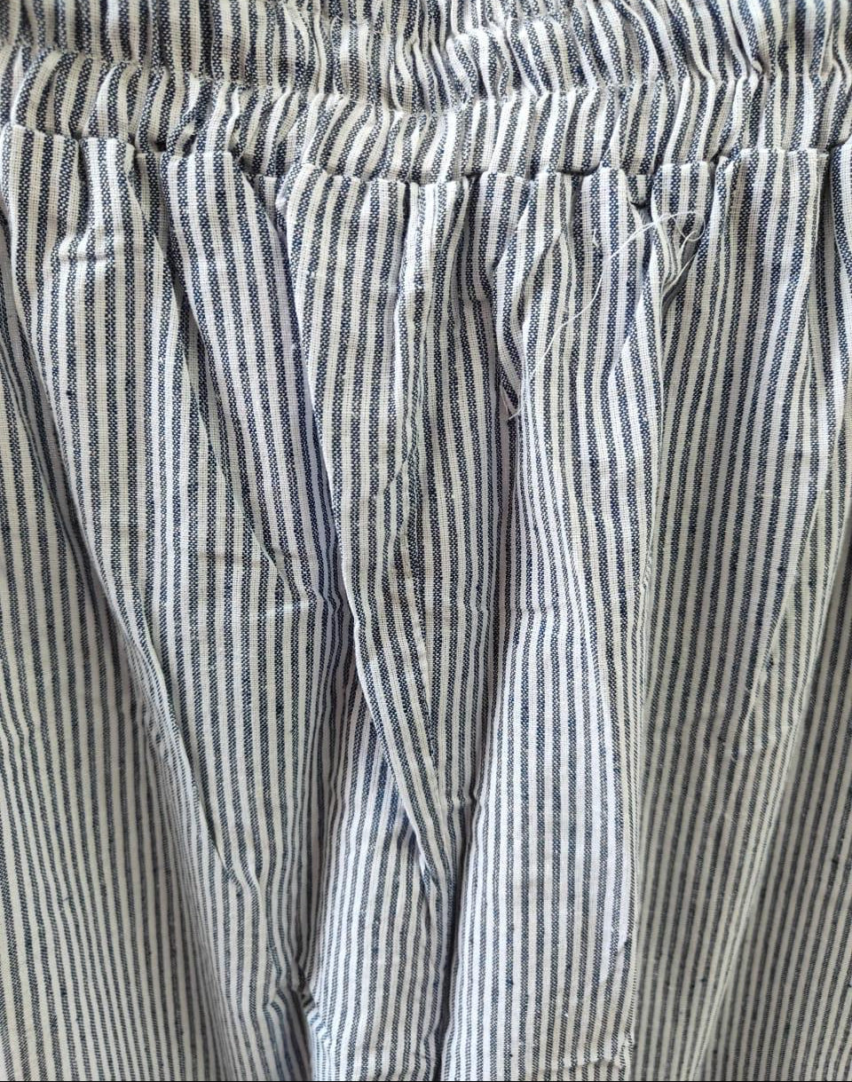 Women's Blue and White Striped Elastic Waist Relaxed Fit Trousers