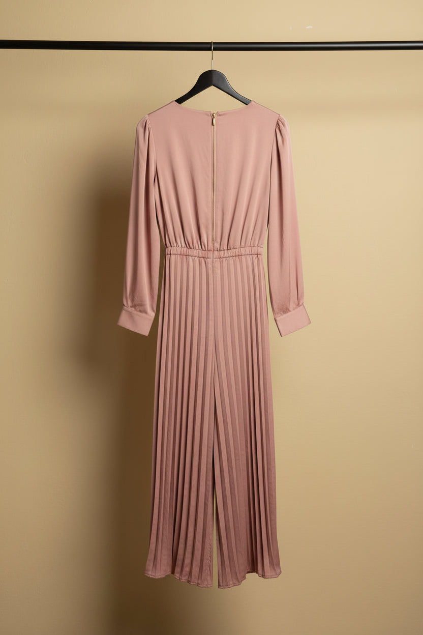 Women's Pink Long Sleeve Pleated Wide-Leg Jumpsuit