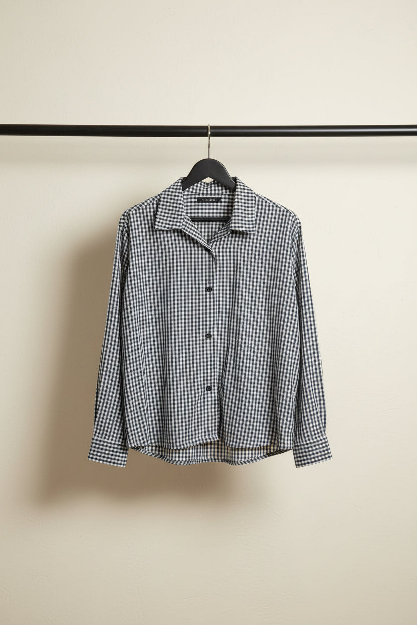 Women's Black and White Gingham Check Long Sleeve Shirt