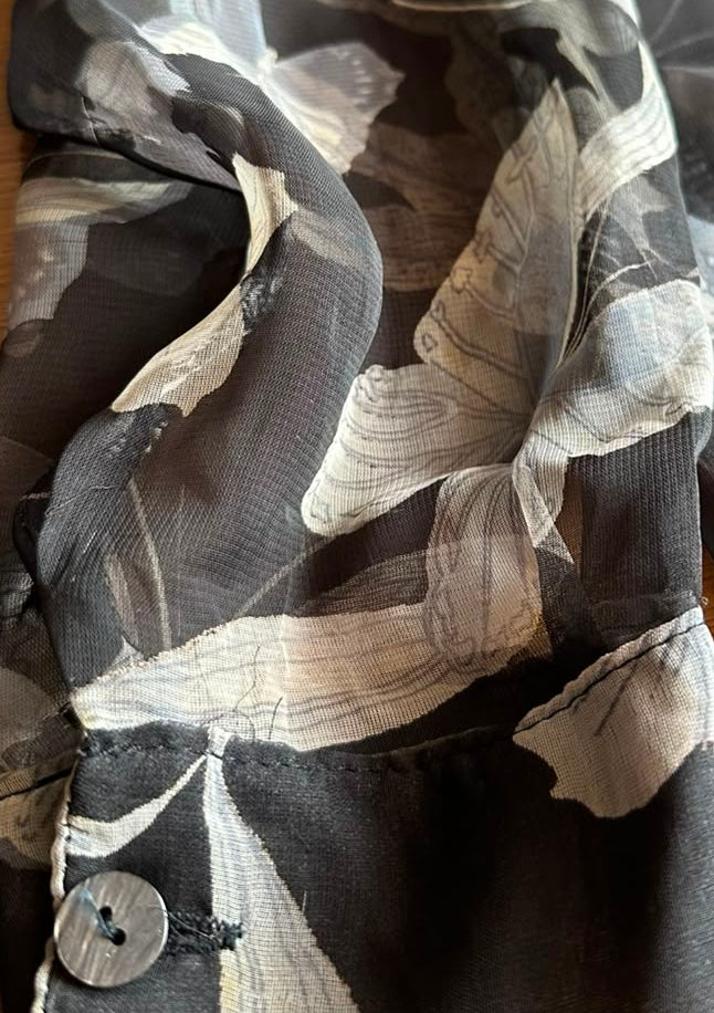 Black and White Floral Butterfly Sheer Button-Up Blouse