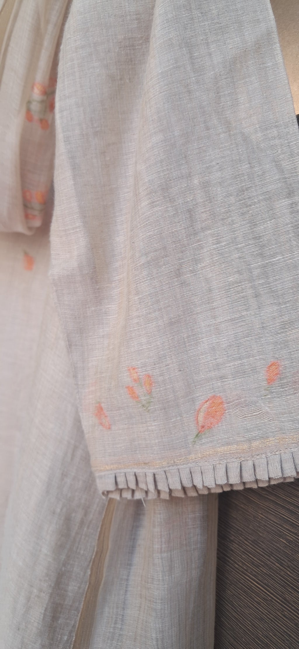 Elegant Beige Linen Blend Kurta with Orange Floral Embroidery and Matching Dupatta