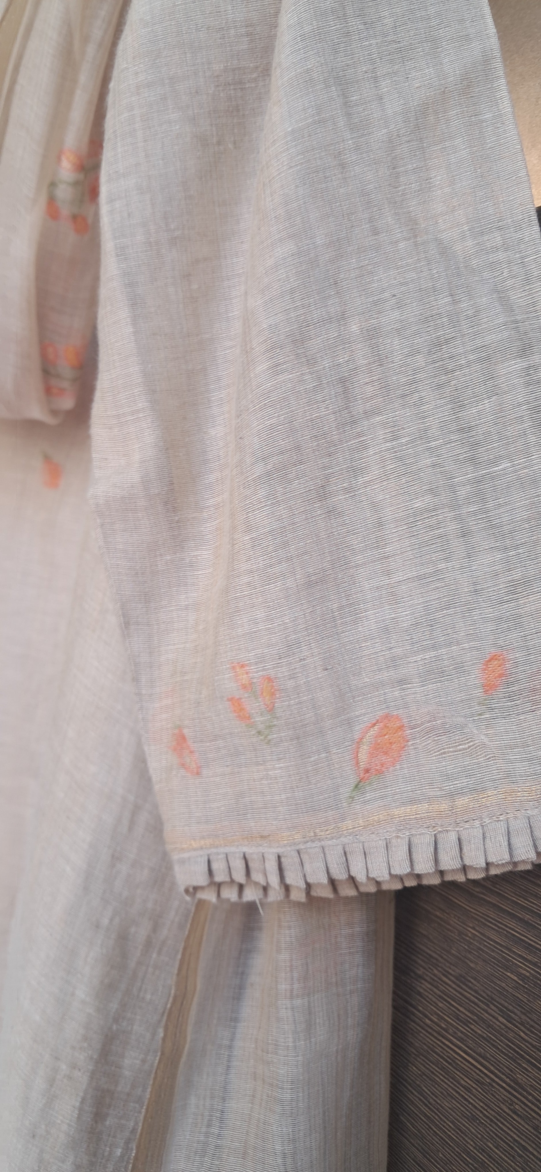 Elegant Beige Linen Blend Kurta with Orange Floral Embroidery and Matching Dupatta