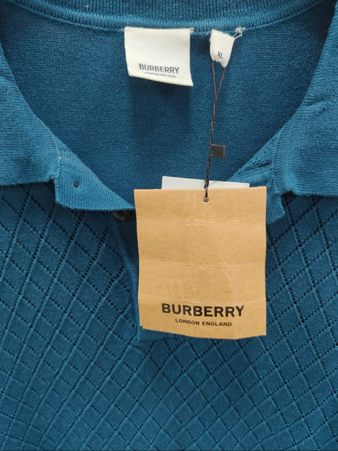 Burberry Men's Teal Knit Polo Shirt with Diamond Pattern, Size XL