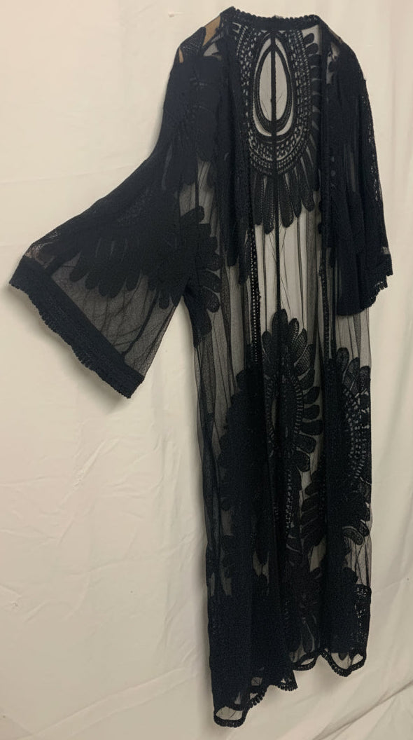 Black Lace Crochet Kimono Cardigan Cover-Up