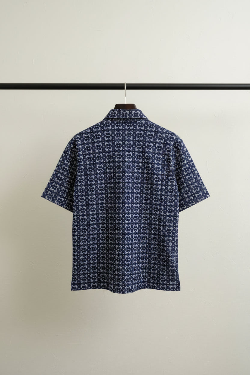 Men's Navy Blue Printed Short Sleeve Button-Up Shirt
