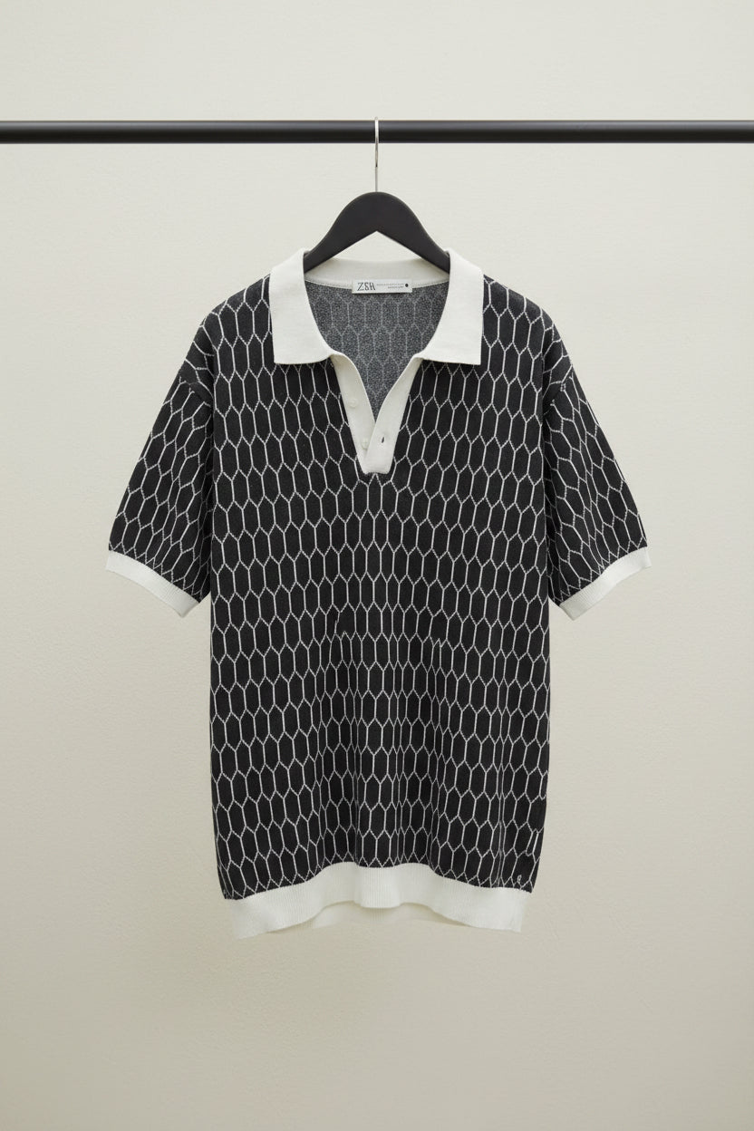 ZARA Men's Black & White Hexagon Patterned Polo Shirt