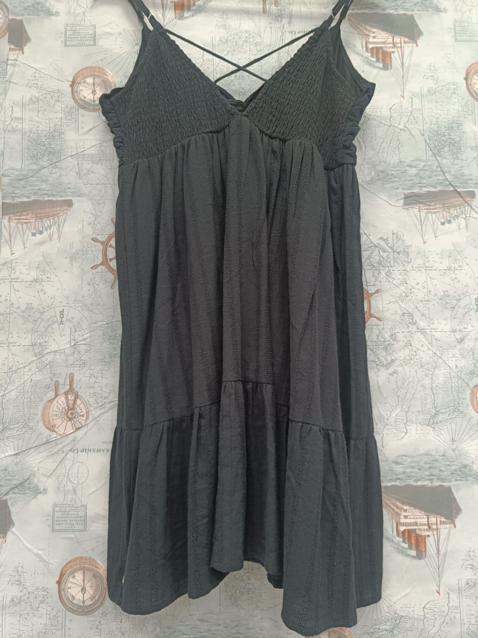Black Textured Tiered Mini Dress with Criss-Cross Back